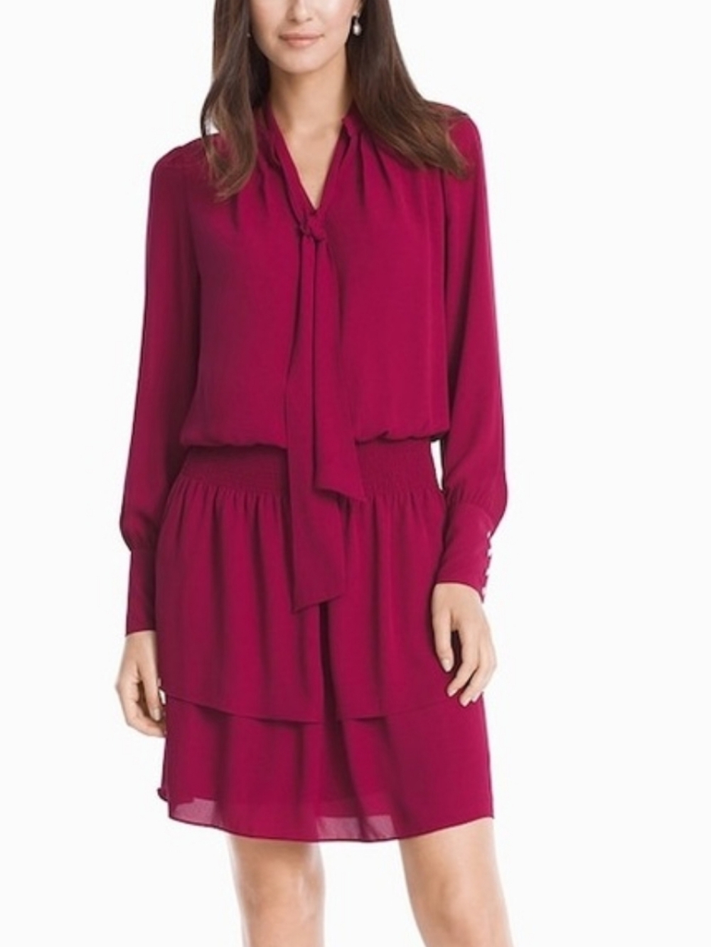 White House Black Market Women's Red Tie-Neck Long Sleeve Tiered Dress XS